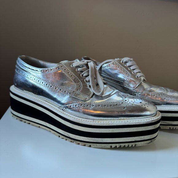 Prada Metallic Silver Leather Platform Brogue Derby Oxfords 23cm Cyberpunk Space - Picture 8 of 11